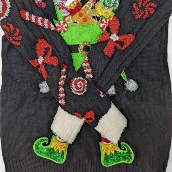 33 Degrees ugly Xmas Christmas sweater black elf legs candycane bow size medium - Picture 5 of 6